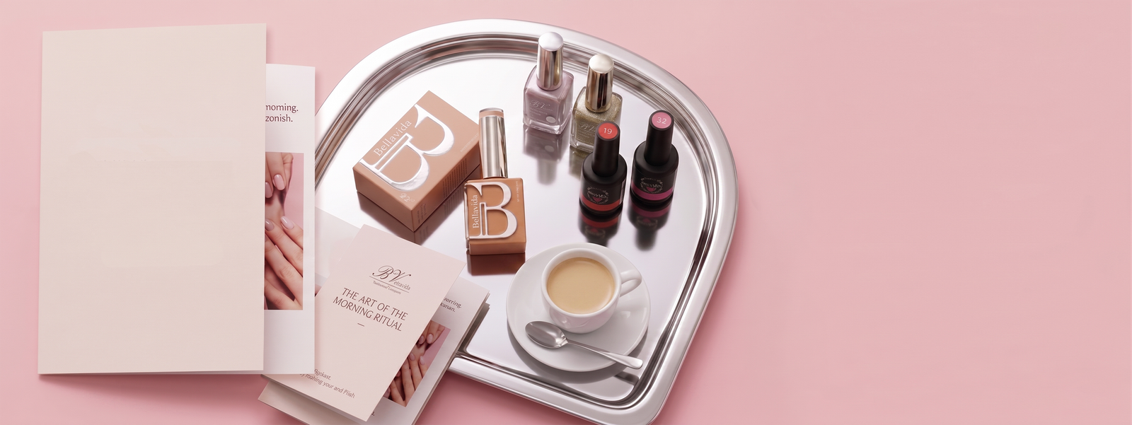 Bella Vida nail products on a silver tray — Beautiful Life Belgium